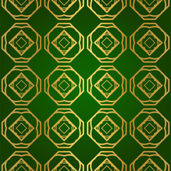 Luxury Seamless Geometrical Linear Texture. Original Geometrical Puzzle. Backdrop. Vector illustration. Green gold color. Design For Prints, Textile, Decor, Fabric.