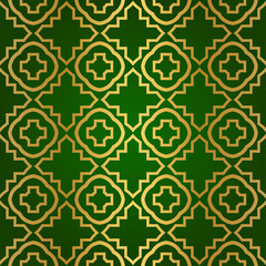 Luxury Seamless Geometrical Linear Texture. Original Geometrical Puzzle. Backdrop. Vector illustration. Green gold color. Design For Prints, Textile, Decor, Fabric.