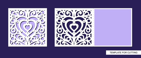 Silhouette of greeting card with heart. Template for laser cutting, die or paper cut. Can used for wedding invitation, valentines day or birthday. Save the date holder. Lace ornament. Vector.