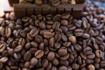 Roasted coffee beans. Food and drink background. Top view.
