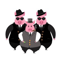Funny cartoon capitalist pig caricature. Rich piggy boss with cigar, monocle and top hat.