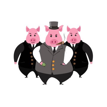 Funny Cartoon Capitalist Pig Caricature. Rich Piggy Boss With Cigar, Monocle And Top Hat.