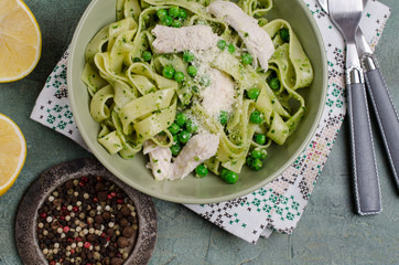 Fettuccine pasta with meat slices