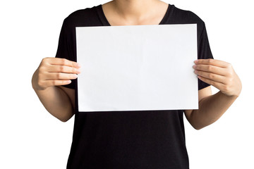 Young woman holding up copyspace Placard.Isolated on background