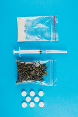 Illegal drugs. Heroin, ecstasy, cocaine and marijuana. Space for text