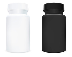 Supplement Bottle for Medicine Capsule. Pill Jar 3d Set. Sport Drug Bottle Black and White Design. Pharmacy or Cosmetic Medication Container with Lid. Medical Collection Package Mockup.