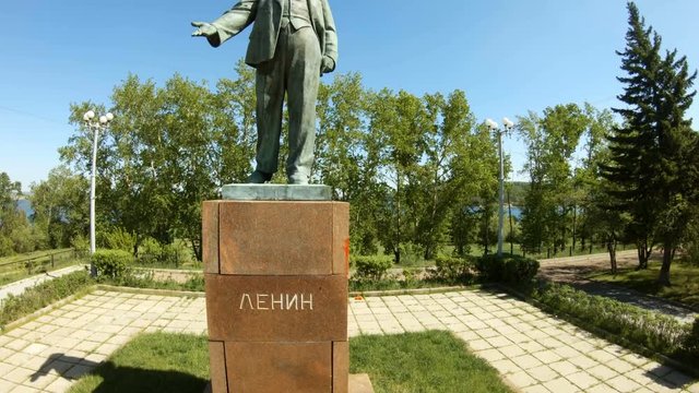 Aerial view of Lenin Statue Monument. Unique cityscape. Irkutsk Russia. Travel Sights Landmark. Drone rise up
