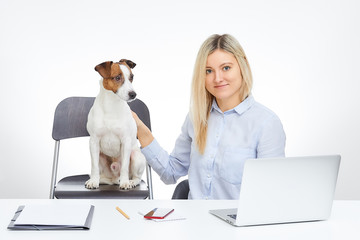 Young blonde caucasian woman watches straight with smile holds her Jack Russell Terrier and sits by the desk in the office with the white background. Laptop, red cell phone and documents on the table.