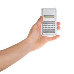 Hand holding calculator isolated clipping path