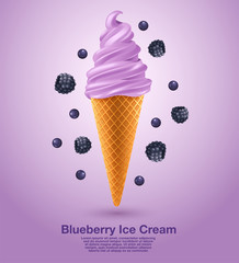 Blueberry : Flavored Soft Ice cream Set : Vector Illustration
