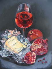 Still life with Rose wine in the glass, blue cheese and garnets, on dark gray background. Original artwork, oil on canvas painting.