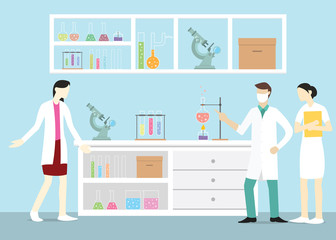 laboratory team chemist on the lab with some tools and discuss about something - vector