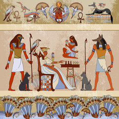 Murals ancient Egypt scene mythology. Egyptian gods and pharaohs. Hieroglyphic carvings on exterior walls