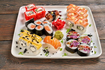 Japanese sushi set of maki, nigiri and uramaki.