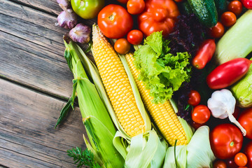 The harvest of vegetables. Vegetables (carrots, corn, cucumbers, tomatoes, onions, garlic, corn, pepper and others) are laid out on a wooden background. Studio photography. Healthy and natural food.