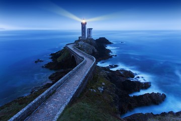 View of Lighthouse the Phare du petit minou in Plouzane, at dusk with light , Brest , France,...