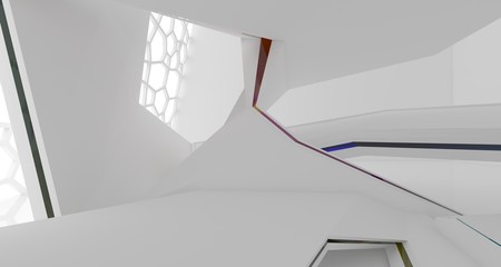 Abstract white and colored gradient glasses interior multilevel public space with window. 3D illustration and rendering.