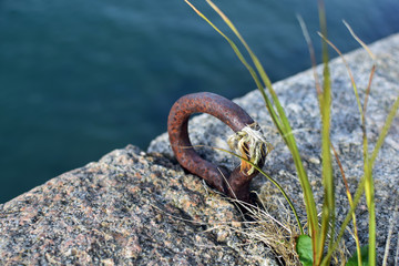 rusty boat mooring ring on a dock