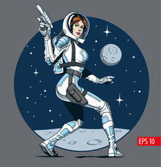 Sexy astronaut girl with blaster gun. Classic comic book style vector illustration. © ledokol.ua