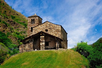 Sant Joan de Caselles (Canillo, Andorra). Romanesque church build in the 12th century. - obrazy, fototapety, plakaty