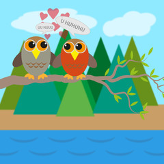 two owls in love on a branch