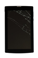 Broken glass on the tablet. Broken PC tablet screen on white isolated background.
