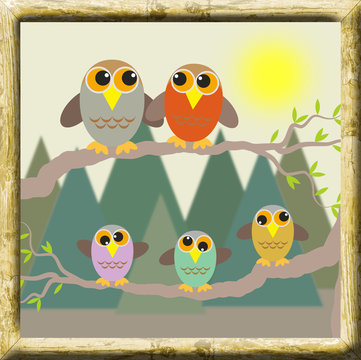 framed picture of an owl familie