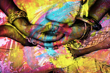 woman hands in yoga mudra gesture closeup colorful