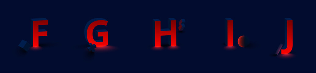 Red luminous latin 3d letters F, G, H, I, J. Font design for logo.