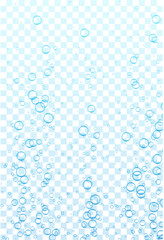 Blue transparent water background with realistic bubbles or drops.