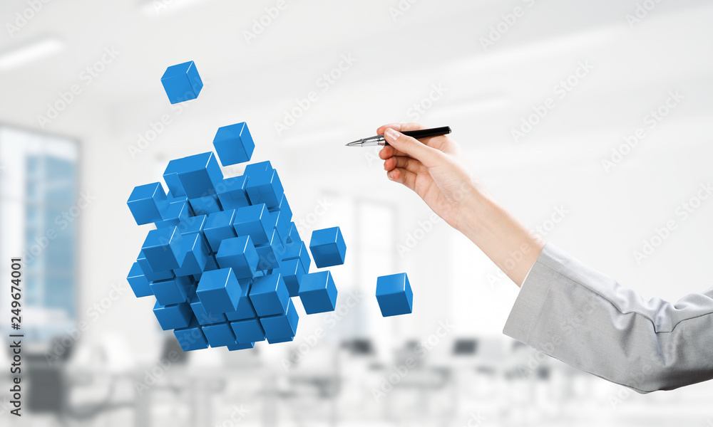 Fototapete integrating new technologies concept with cube figure floating in air. mixed media