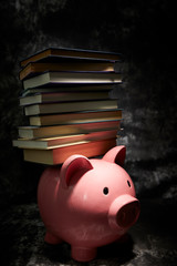 Piggy bank with piled up books 