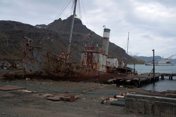Fototapeta na wymiar Grytviken South Georgia Island, abandoned boat neat derelict pier