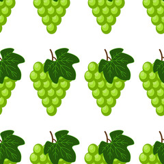 Fresh bunch of green white grade of grapes icon on white background. vector illustration in flat style. Seamless white grapes pattern.