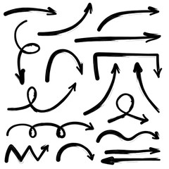 Set of black grunge hand drawn arrows isolated on white. Vector illustration