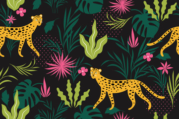 seamless pattern with leopards and tropic leaves