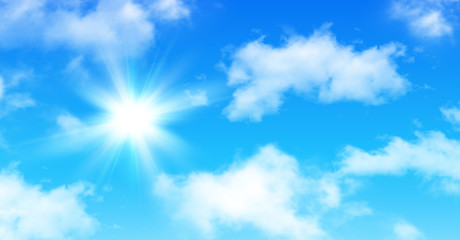 Naklejka na ściany i meble Sunny background, blue sky with white clouds and sun