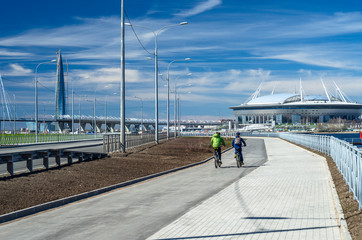 New embankment Vasilievsky Island. Accomplishment of the coastline of the Neva. Development of pedestrian areas. St. Petersburg, Russia, May 24, 2018