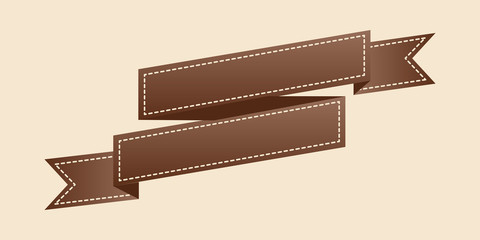 Embroidered flat style brown ribbon isolated on ivory background. Brown fabric vintage tape. Template for banner, award, sale, icon, logo, label, poster etc. Vector illustration