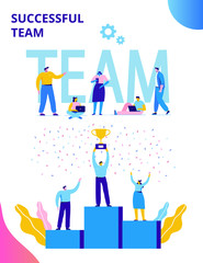 Business people character holding thropy and get reward standing on podium and celebrate. Team Work, Partnership, Leadership Concept. Flat vector illustration on white background. Modern style.