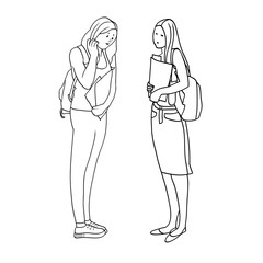 Set of drawings in vector, black and white linear illustrations, female professions, student, woman