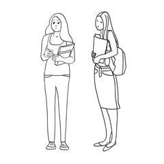 Set of drawings in vector, black and white linear illustrations, female professions, student, woman