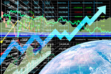 Illustration of Global business financial index background of successful investment with graph and chart in perspective view.Earth image furnished by NASA.