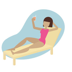 Obraz premium Woman in swimsuit sunbathing lying on lounger at sea or ocean beach. Beautiful girl drinking coconut cocktail relaxing