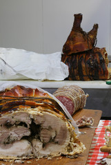 salami called sliced porchetta and the cooked pork head of the s