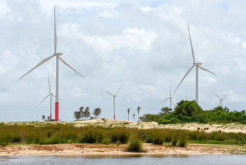 Windmills on the sand dunes of Lencois Maranhenses near Atins, Brazil