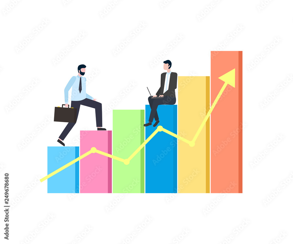 Aufkleber person going up stairs and sitting worker with laptop on colorful flowchart with arrow. growth stati