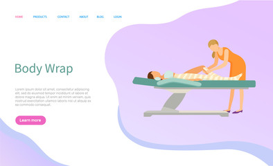 Body wrap vector, beauty procedure and skin treatment. Cream or lotion, woman professional care, table and salon master with wrapping stripes, rejuvenation. Website or webpage, landing page in flat