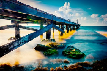 Calm scene of abandoned old rustic wooden jetty out to the sea during a tropical sunny day on the caribbean coast of Mexico