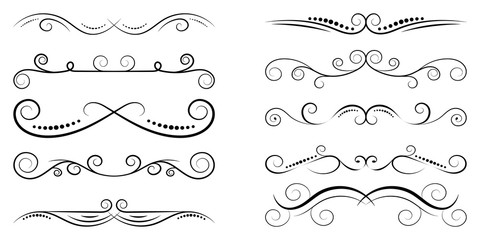 Set of curls and scrolls. Decorative divider elements for frames and books. Elegant swirl vector illustration. 